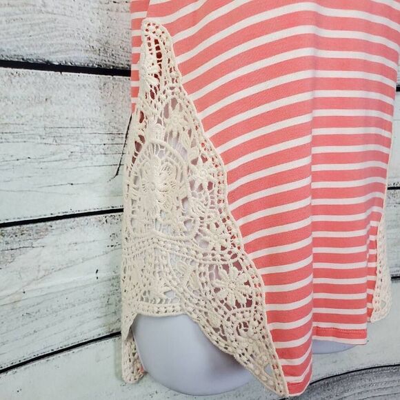 Paper + Tee Coral Striped Tank Top M Crochet Lace Sides Sleeveless Casual - Picture 2 of 7